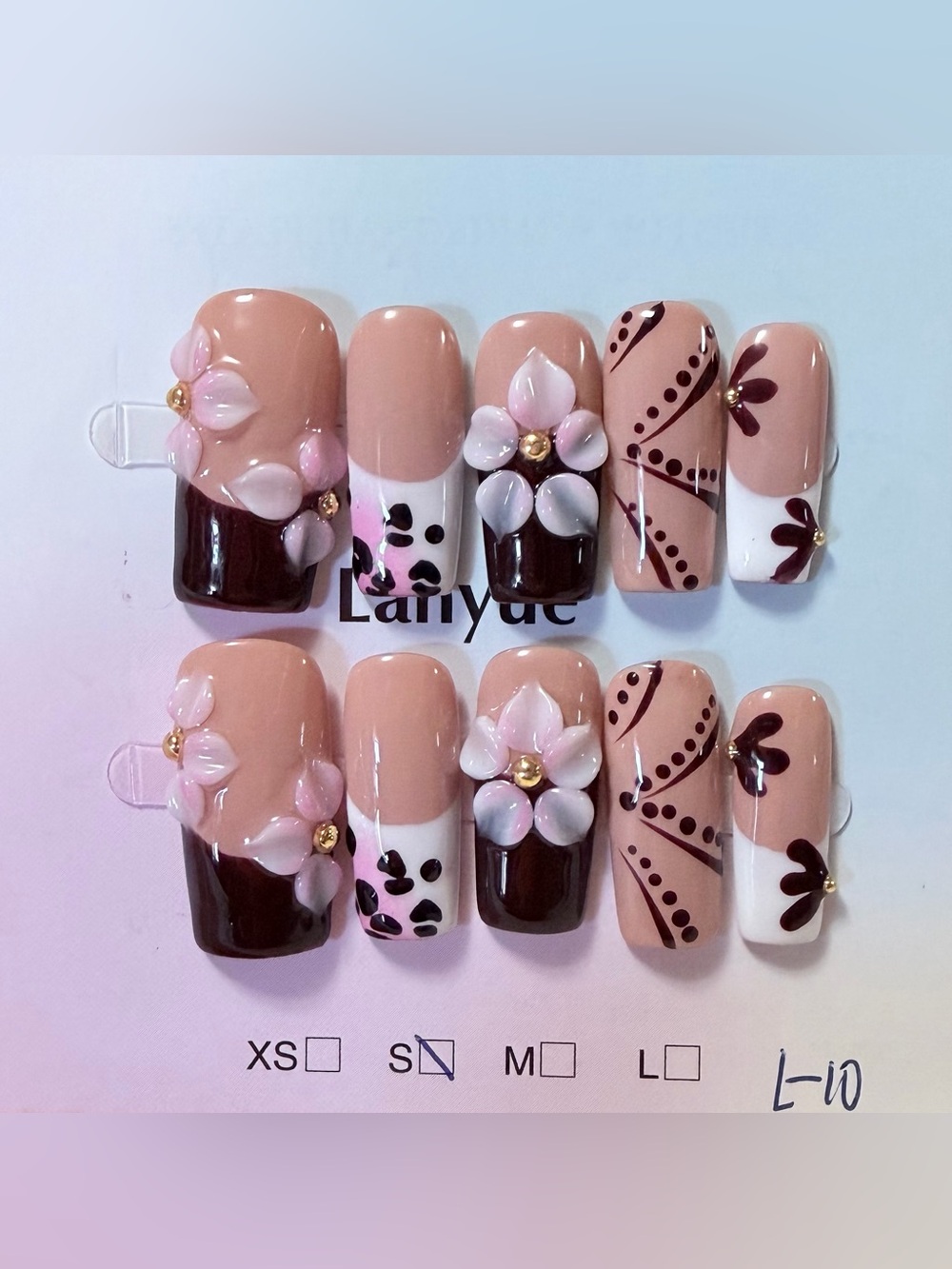 Nude Pink & Dark Brown Floral Press-On Nail Set